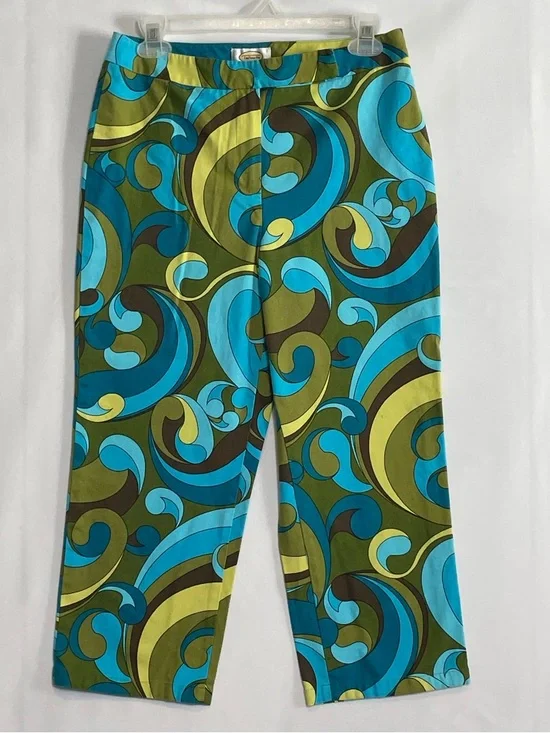 Talbots Turquoise & Lime Crop Pants 8 Psychedelic Bold Swirl Stretch Paisley - Picture 2 of 16